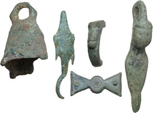 obverse: FIVE ANCIENT ITEMS  Roman period, c. 1st-3rd century AD.  Lot of bronze objects comprising a conical bell and other objects of difficult identification.  Heights: 80 to 33 mm