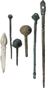 obverse: ROMAN PINS GROUP  Roman period, c. 1st-3rd century AD.  Lot of six roman pins, five made of bronze and one of bone.   Dimensions: 81 to 25 mm