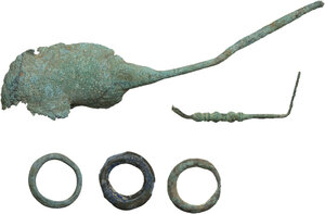 obverse: ROMAN BRONZE ITEMS  Roman period, 1st-3rd century AD.  Lot of five roman bronze items, including a medical specillum, a spoon and three rings.  Dimensions: from 120 to 21 mm
