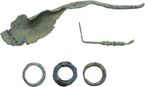 reverse: ROMAN BRONZE ITEMS  Roman period, 1st-3rd century AD.  Lot of five roman bronze items, including a medical specillum, a spoon and three rings.  Dimensions: from 120 to 21 mm