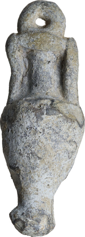 obverse: LARGE ROMAN LEAD AMPHORA  Roman period, c. 1st-3rd century AD.  Large, heavy and unusual Roman solid lead votive amphora with a large bulbous main body tapering to a short narrow neck with two loop handles on opposing shoulders.  Dimensions: 93x32 mm. Weight: 328 g