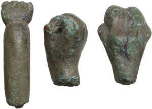 obverse: THREE ROMAN ITEMS  Roman period, 1st-3rd century AD.  Lot of three bronze objects belonging to different statuettes. A clenched fist with forearm, a hand depicted in the act of shaking, a lion s paw.  Lenght: 20, 22, 29 mm