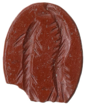 obverse: RED JASPER GEMSTONE  Roman period, c. 2nd-3rd century AD.  Gem in red jasper depicting a marine scene, with a shrimp and a fish engraved on the flat side.  Dimensions: 9 x 7 mm