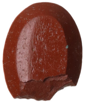 reverse: RED JASPER GEMSTONE  Roman period, c. 2nd-3rd century AD.  Gem in red jasper depicting a marine scene, with a shrimp and a fish engraved on the flat side.  Dimensions: 9 x 7 mm