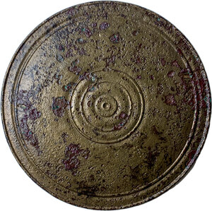 obverse: AMAZING ROMAN BRASS MIRROR  Roman period, 2nd-4th century AD.  Roman bronze brass mirror with the non-reflecting part decorated with concentric circles of different heights, forming a fascinating play of shadows.  Diameter: 100 mm