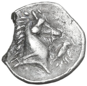 reverse: Southern Apulia, Tarentum. AR Tetartemorion, 325-280 BC