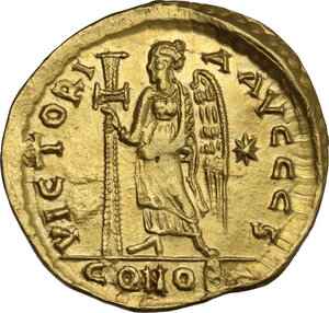 obv: Anastasius I (491-518).. AV Solidus. Constantinople mint, 6th officina. Struck 492-507