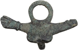 reverse: ROMAN PHALLIC AMULET  Roman period, c. 1st-2nd century AD.  Cast bronze pendant in the form of male genitals and fisted hand (mano fico) with the thumb thrust between the index finger and middle finger, surmounted by a suspension loop.  Width: 46 mm