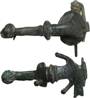 obverse: TWO ROMAN TRUMPET FIBULAE  Roman period, mid 1st-2nd century AD.  Lot of two roman trumpet shaped fibulae, decorated with knobs.  Lenghts: 44 and 42 mm