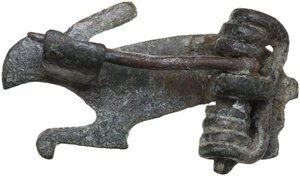 reverse: ROMAN HARE FIBULA  Roman period, c. 2nd century AD.  Roman bronze fibula depicting a running hare.   Lenght: 31 mm