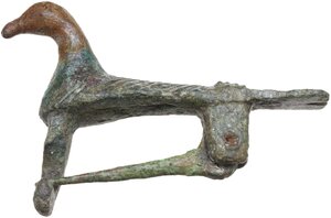 obverse: ROMAN BIRD FIBULA  Roman period, c. 2nd century AD.  Roman bronze fibula depicting a bird, probably a dove, with long tail. Nice decoration with obliques lines engraved.  Lenght: 40 mm