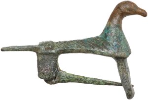 reverse: ROMAN BIRD FIBULA  Roman period, c. 2nd century AD.  Roman bronze fibula depicting a bird, probably a dove, with long tail. Nice decoration with obliques lines engraved.  Lenght: 40 mm