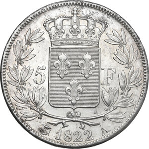 reverse: France.  Louis XVIII (1814-1824).. 5 francs 1822 A, Paris mint