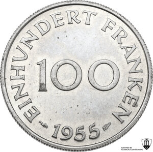 reverse: Germany - Saarland.  Saar Protectorate (1947-1956). 100 franken 1955