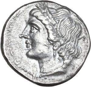 obverse: Bruttium, Carthaginians in South-West Italy. AR Quarter Shekel, c. 215-205 BC. Second Punic War issue. Uncertain Punic mint in Bruttium (Lokris?)