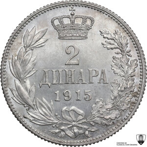 reverse: Serbia.  Peter I (1903-1918). 2 dinara 1915