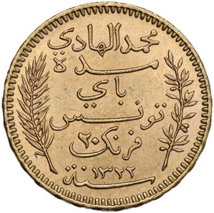 obverse: Tunisie.  French Protectorate, Mohamed El Hadi Bey (1320-1324 AH / 1902-1906). 20 Francs 1904 A, Paris mint