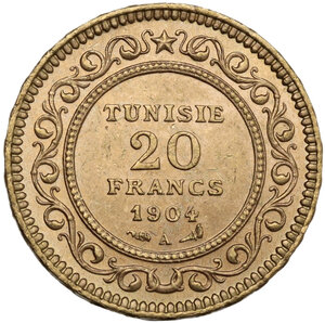 reverse: Tunisie.  French Protectorate, Mohamed El Hadi Bey (1320-1324 AH / 1902-1906). 20 Francs 1904 A, Paris mint