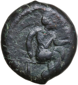 reverse: Petra. AE Litra, c. 354-344 BC, overstruck on Syracusan bronze (Athena/Dolphins, dated c. 375-344 BC)