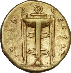 reverse: Syracuse.  Agathokles  (317-289 BC).. EL 25 Litrai – Hemistater. Reduced Corinthian standard, c. 306/5 BC