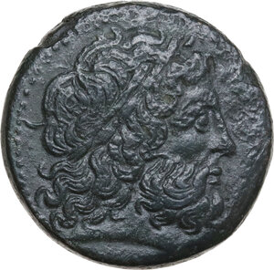 obverse: Uncertain mint.  Hieron II (274-215 BC) in alliance with Ptolemy II Philadelphos (285-246 BC).. AE 26.5 mm. Struck circa 264–263 BC