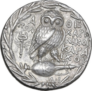 reverse: Attica, Athens. AR Tetradrachm. New Style coinage. Polycharm(os), Nikog(enes), and Karaichos, magistrates. Struck 133/2 BC