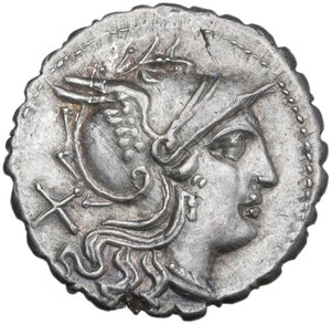 obverse: Wheel series. AR Denarius serratus, uncertain Apulian mint (Tarentum?), 208 BC