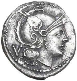 obverse: ROMA in monogram series.. AR Quinarius, c. 211-210 BC. South East Italy