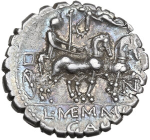 reverse: L. Memmius Galeria. AR Denarius serratus, 106 BC