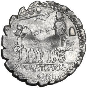 reverse: C. Egnatius Cn. f. Cn. n. Maxsumus.. AR Denarius serratus, c. 75 BC