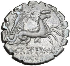 reverse: Q. Crepereius M.f. Rocus. . AR Denarius serratus, 72 BC