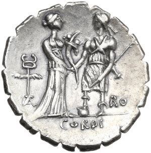 reverse: Q. Fufius Calenus and Mucius Cordus. AR Denarius serratus, 70 BC