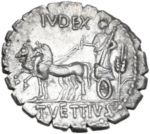 reverse: T. Vettius Sabinus. AR Denarius serratus, Rome mint, 70 BC