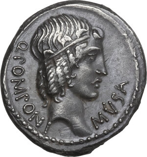 obverse: Q. Pomponius Musa. AR Denarius, 66 BC