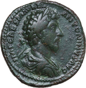 obverse: Marcus Aurelius (161-180).. AE Sestertius. Rome mint. Struck Mar.-Dec. 161 AD