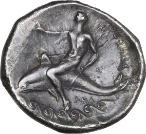reverse: Southern Apulia, Tarentum. AR Nomos, c. 330-325 BC. Sim- and Her-, magistrate