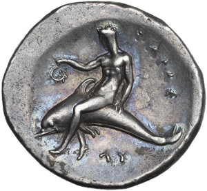 reverse: Southern Apulia, Tarentum. AR Nomos, c. 302-280 BC. Philokles, magistrate