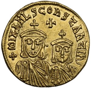 reverse: Theophilus, with Constantine and Michael III (829-842 AD).. AV Solidus, Constantinople mint, 831-842 AD