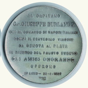 reverse: BURLANDO GIUSEPPE capitano - 100° viaggio da Genova al Plata