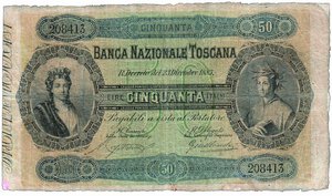 obverse: BANCA NAZIONALE TOSCANA - 50 Lire