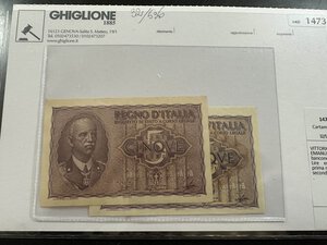 obverse: VITTORIO EMANUELE III - 2 banconote da 5 Lire emesse la prima nel 1940 la seconda nel 1944 .