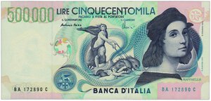 obverse: REPUBBLICA ITALIANA - 500.000 Lire Raffaello - Decr. 06/05/1997.
