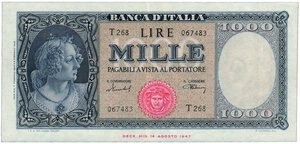 obverse: REPUBBLICA ITALIANA - 1.000 Lire Medusa - Decr. 11/02/1949.