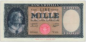 obverse: REPUBBLICA ITALIANA - 1000 Lire 