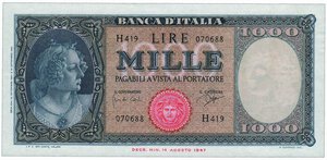 obverse: REPUBBLICA ITALIANA - 1.000 Lire Medusa - Decr. 25/09/1961.