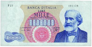 obverse: REPUBBLICA ITALIANA - 1.000 Lire Verdi - Decr. 15/01/1964.