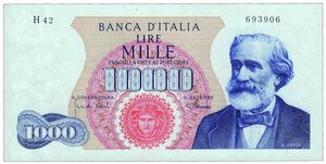 obverse: REPUBBLICA ITALIANA - 1.000 Lire Verdi - Decr. 04/01/1968.
