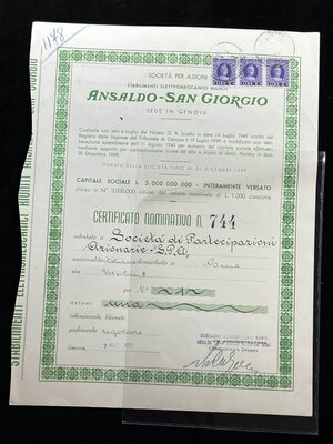 obverse: ANSALDO - S. GIORGIO - 1 Azione nominativa 07/08/1951