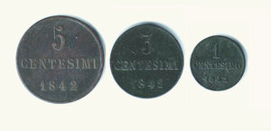 obverse: CARLO ALBERTO - Monetazione per la Sardegna - Serie cpl. da 5, 3 e 1 Cent.
