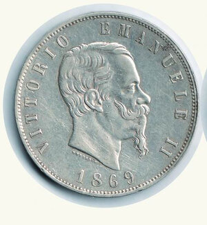 obverse: REGNO D’ITALIA - 5 Lire 1869 M - Gig. 39.